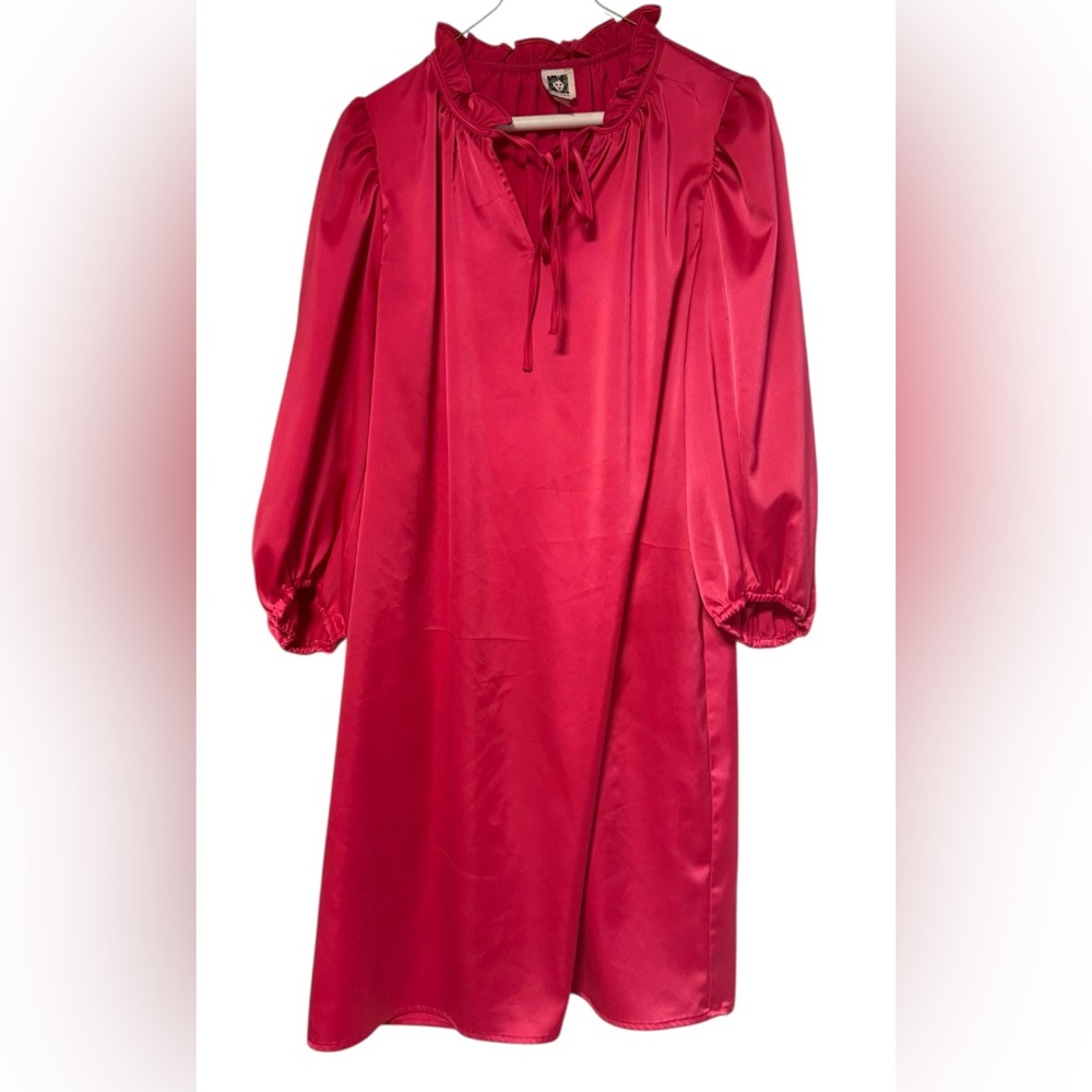 Anne Klein Vibrant Pink Peasant Boho Tie  Neck Tunic Silky Dress Sz8 Party
